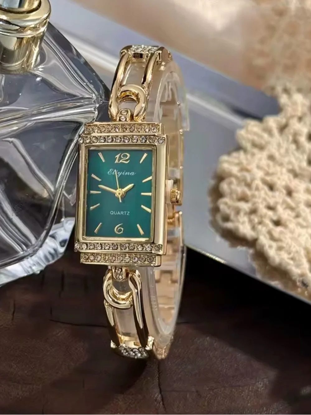 Gold-Tone Women's Bracelet Watch with Green Dial and Crystal Accents